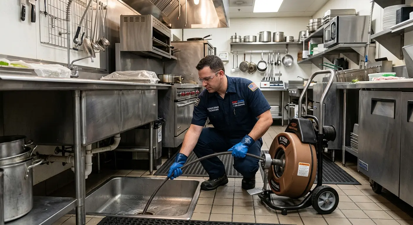 Commercial drain cleaning service in a restaurant kitchen in Germantown