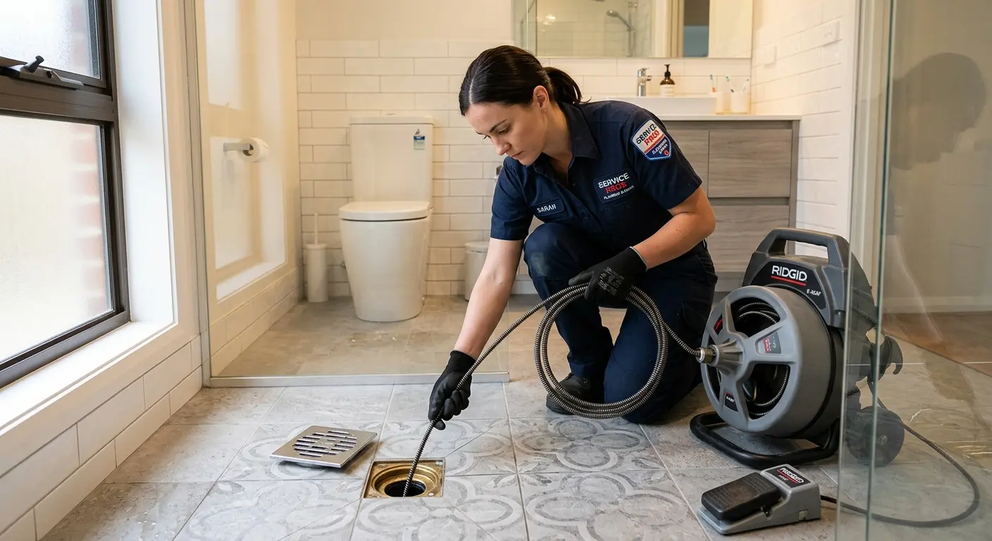 Technician clearing a bathroom floor drain for Drain Cleaning in Germantown